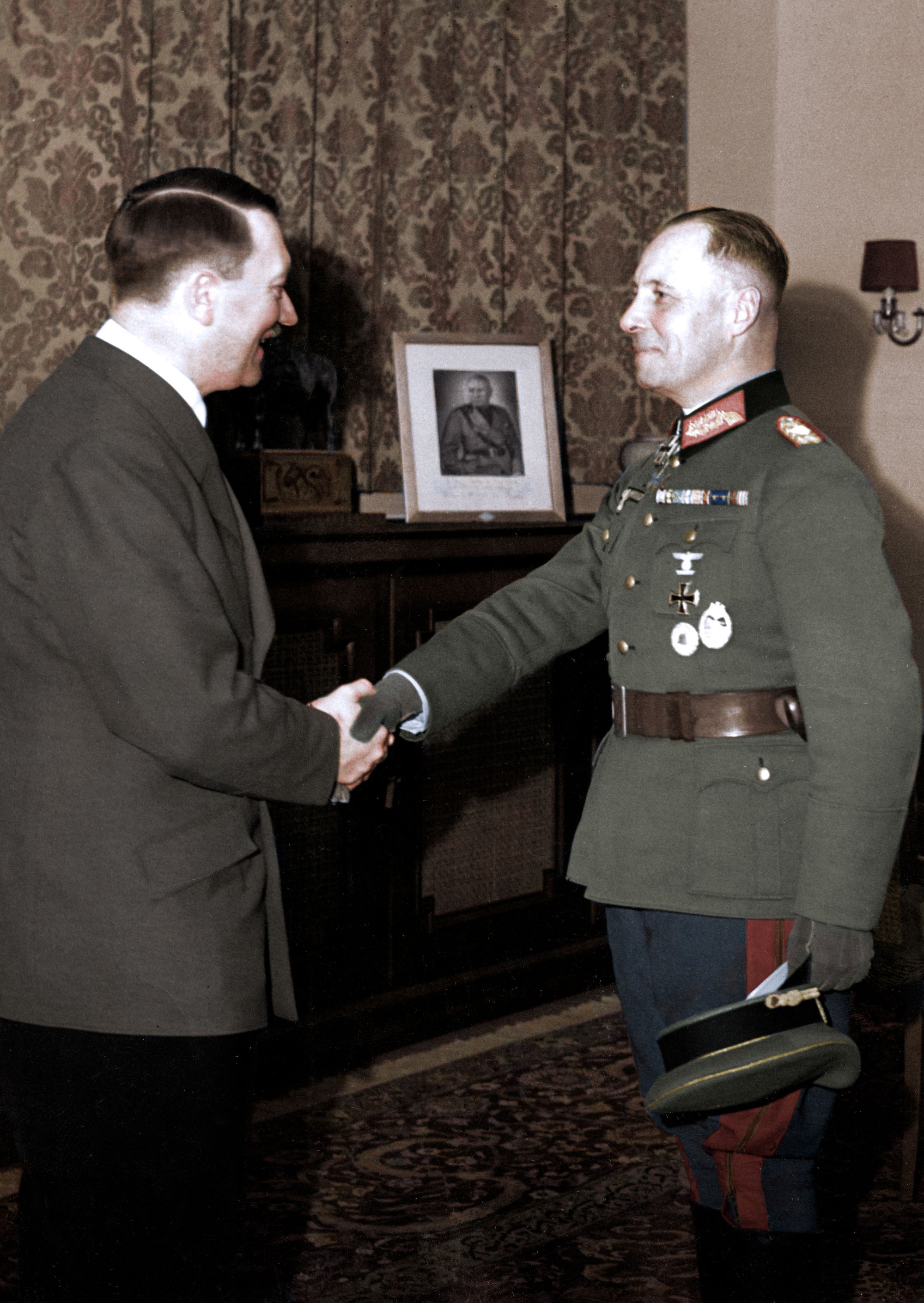 Adolf Hitler hands General Erwin Rommel his Oak Leaves to the Knight's Cross 