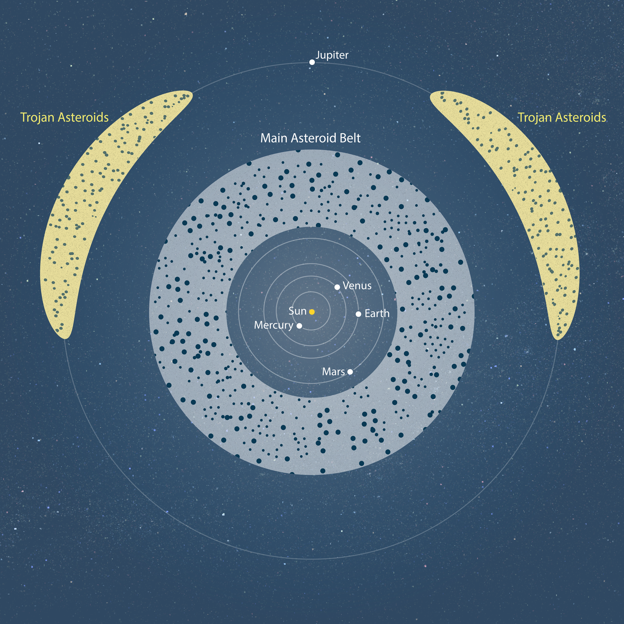 The main asteroid belt lies between Mars and Jupiter, and Trojan asteroids both 