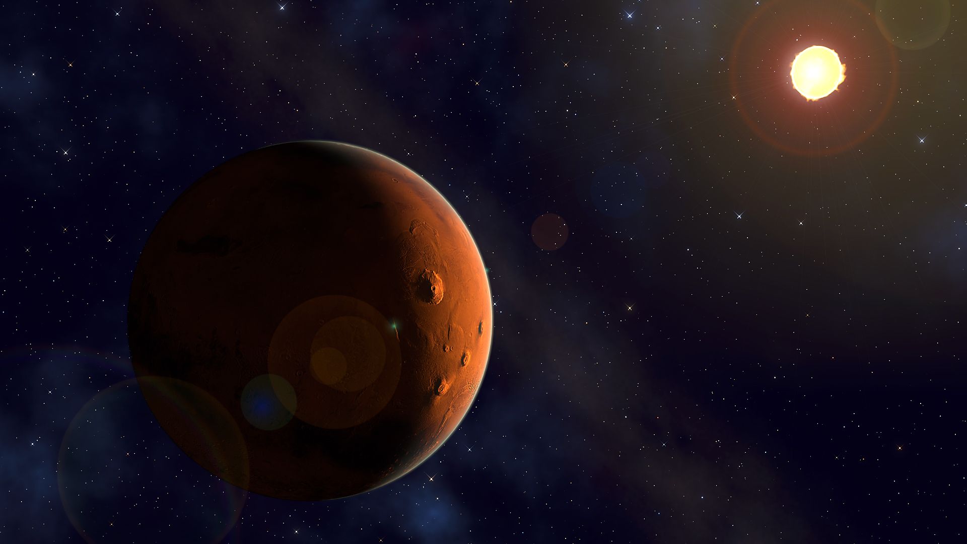 Mars and the sun in space