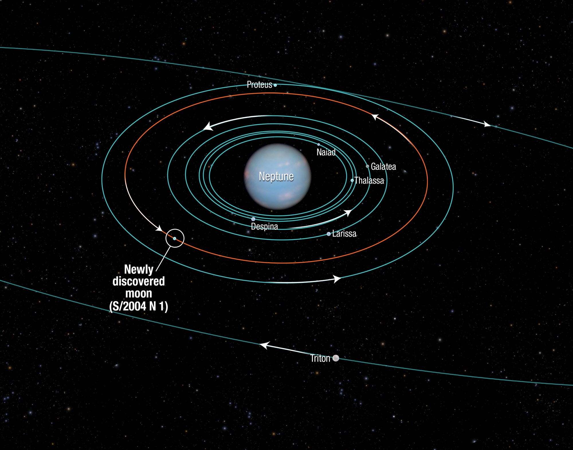 diagram of moons located close to the planet Neptune
