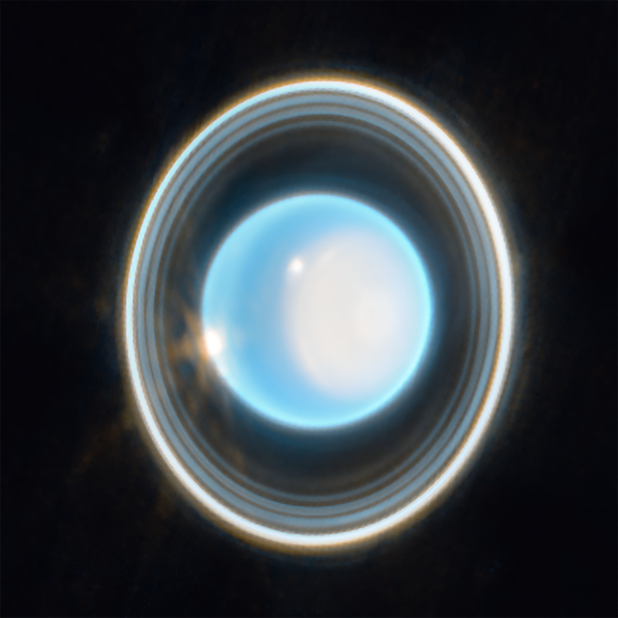 The planet Uranus on a black background. The planet appears light blue